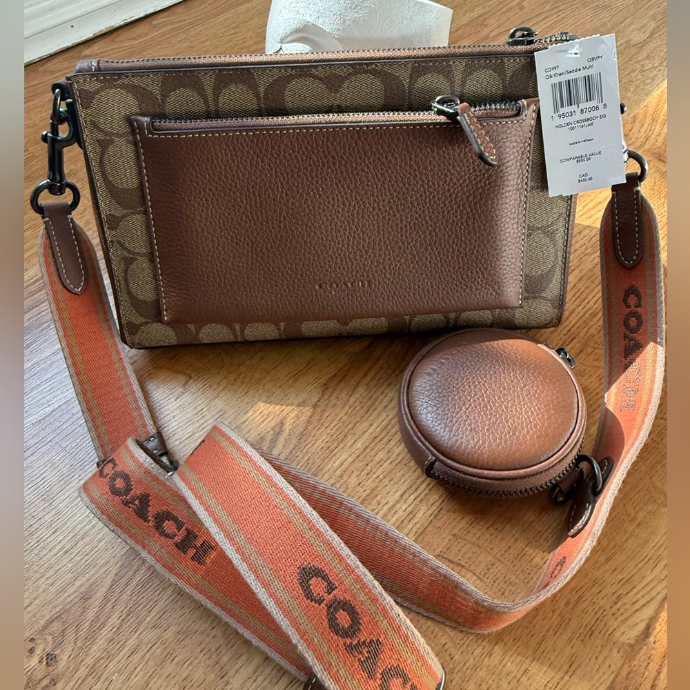 Coach Tan and Brown Crossbody Bag with Coin Pouch